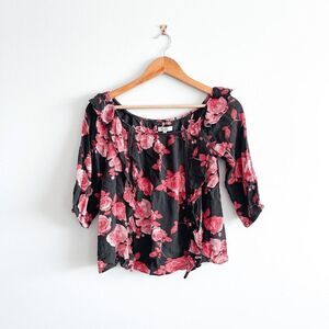 Honey Belle Womens Top Semi Cropped Quarter Sleeve Floral Black Red Medium